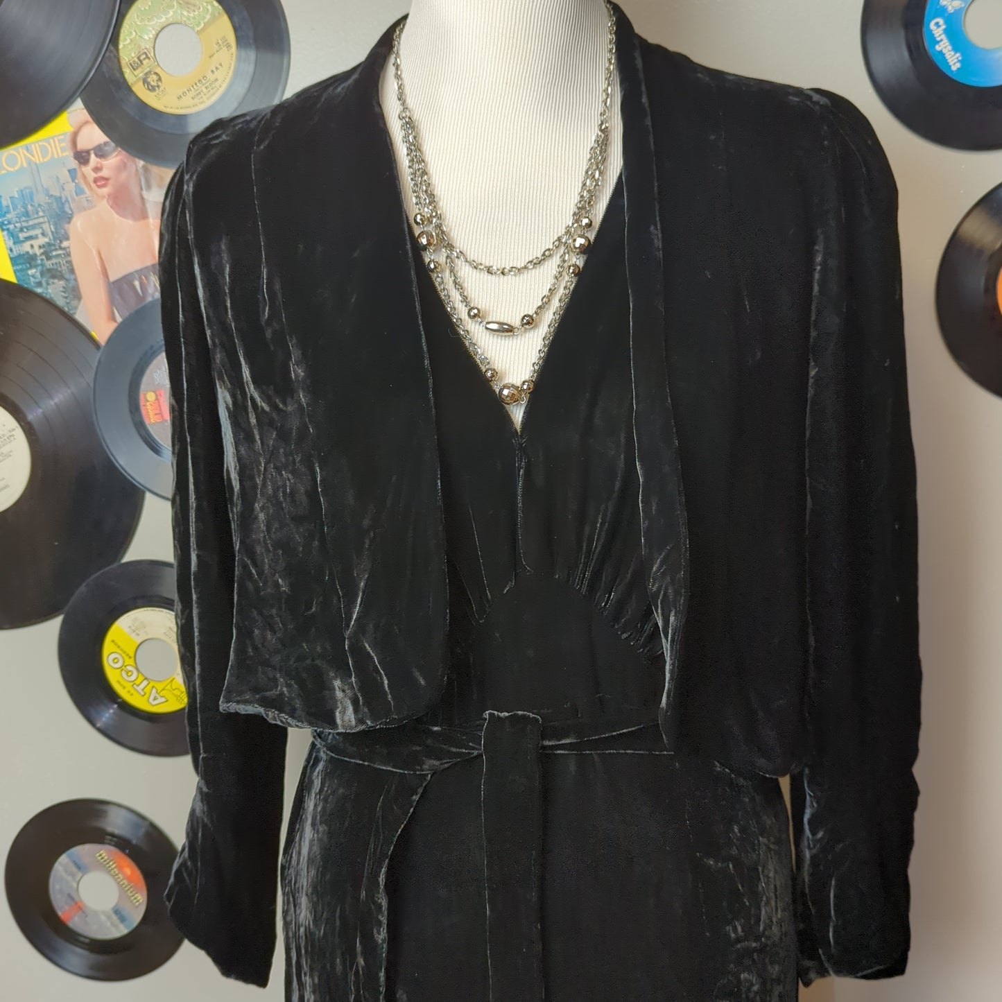 Vintage 1940's Black Velvet Dress with Jacket and Tie Belt.  Art Deco Starlett. Size M/L
