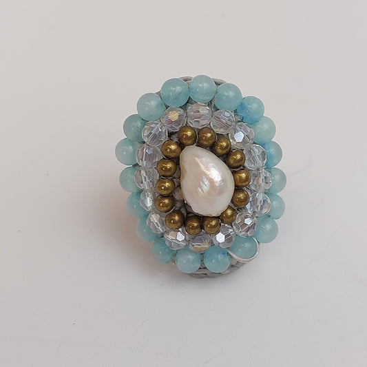 Vintage Handmade Silk Wrapped Beaded Ring with Pearl Adjustable Size 7+