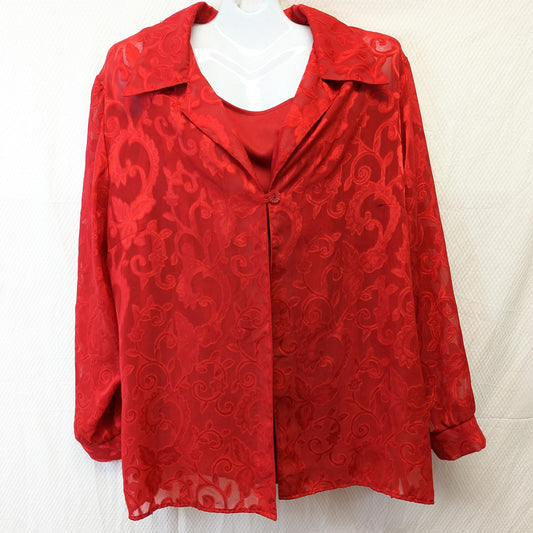 VTG 80S USA Expose Sheer One Button Shirt Blouse Women Sz 18 Red
