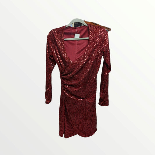 V-Neck Wrap Ruched Sequins Bodycon Dress Long Sleeve