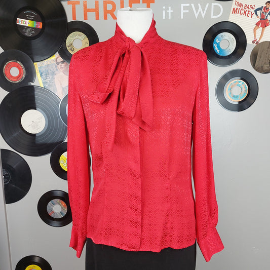 Vintage Christian Dior 100% Silk Long Sleeve Button Blouse Size 6 Red Bow Neck