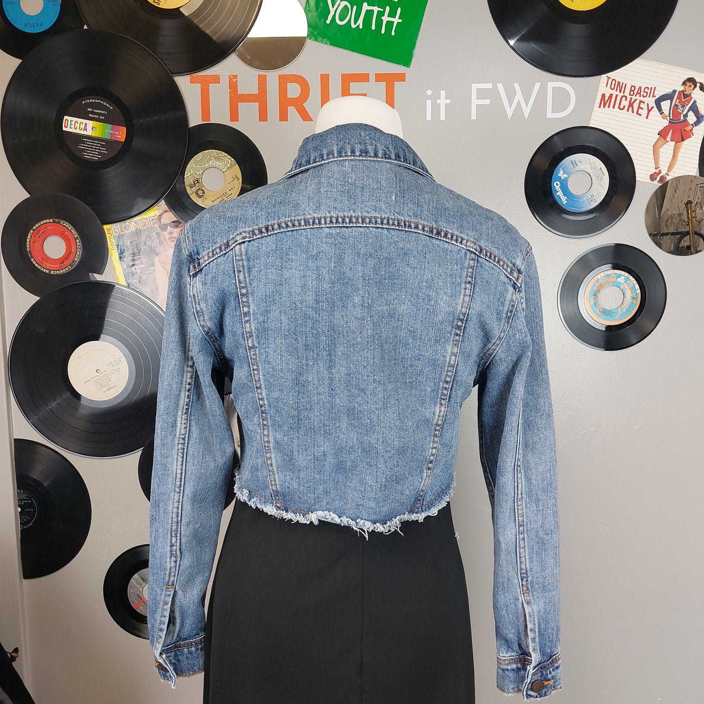 BDG Cropped Frayed, Distressed Hem Jean Jacket Size XS with Patch