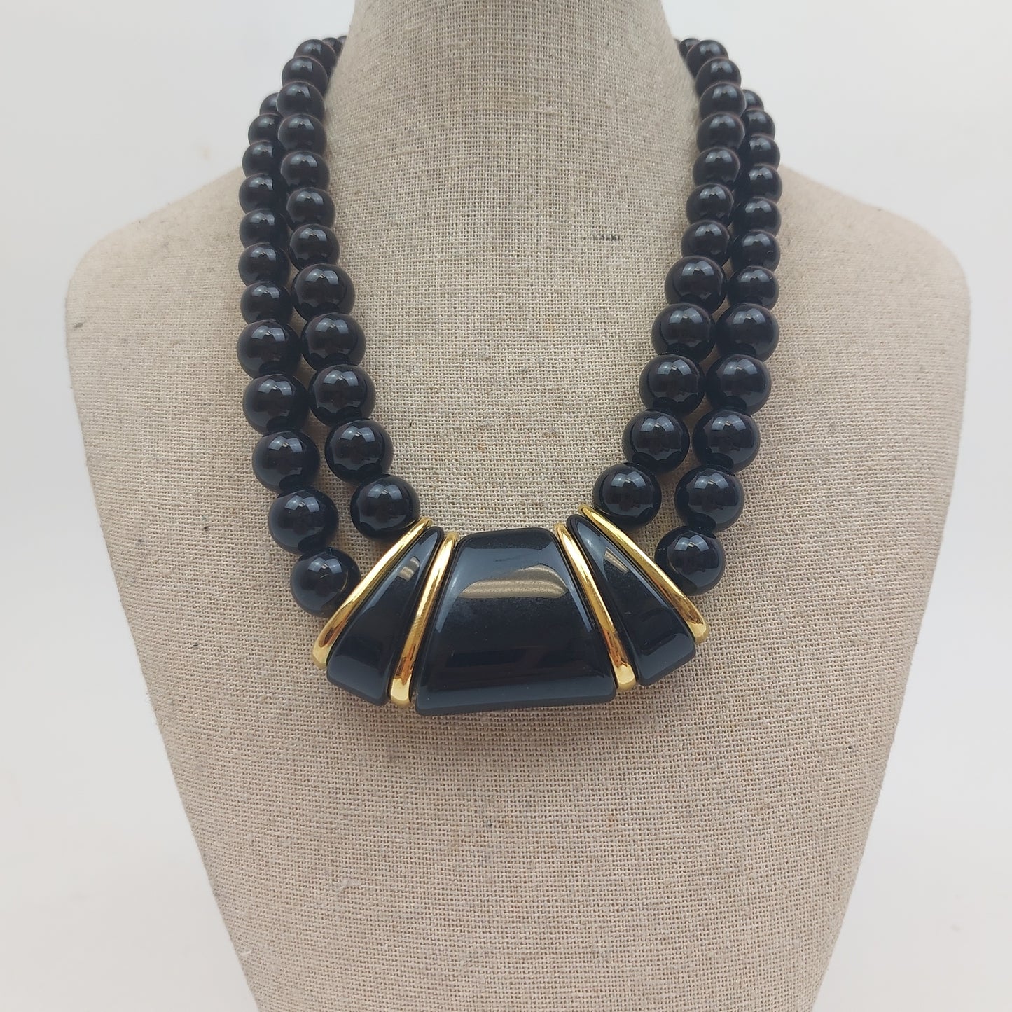Vintage Bead Necklace with Exquisite Gold Detailing 18-Inch Black