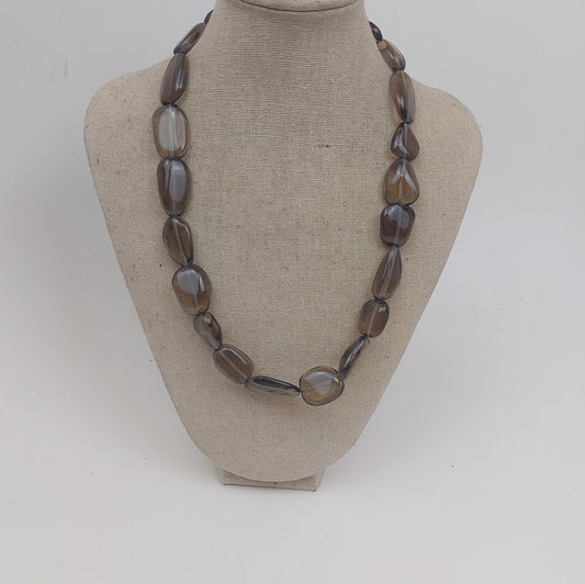 Vintage 20in Hand Made SMOKY QUARTZ Beaded Necklace Brown Black Statement