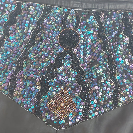 Long Black Leather Skirt with Purple and Blue Sequin Detail - Vintage Size Medium
