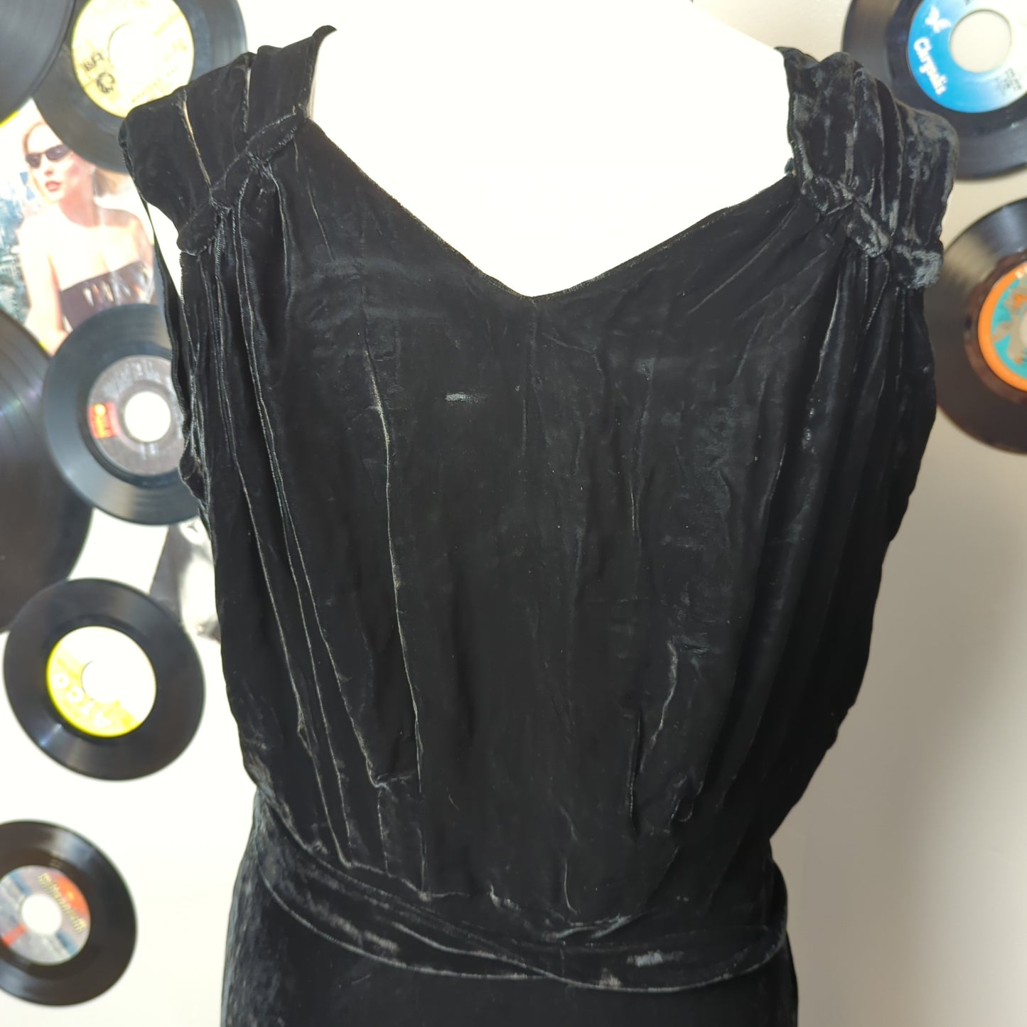 Vintage 1940's Black Velvet Dress with Jacket and Tie Belt.  Art Deco Starlett. Size M/L