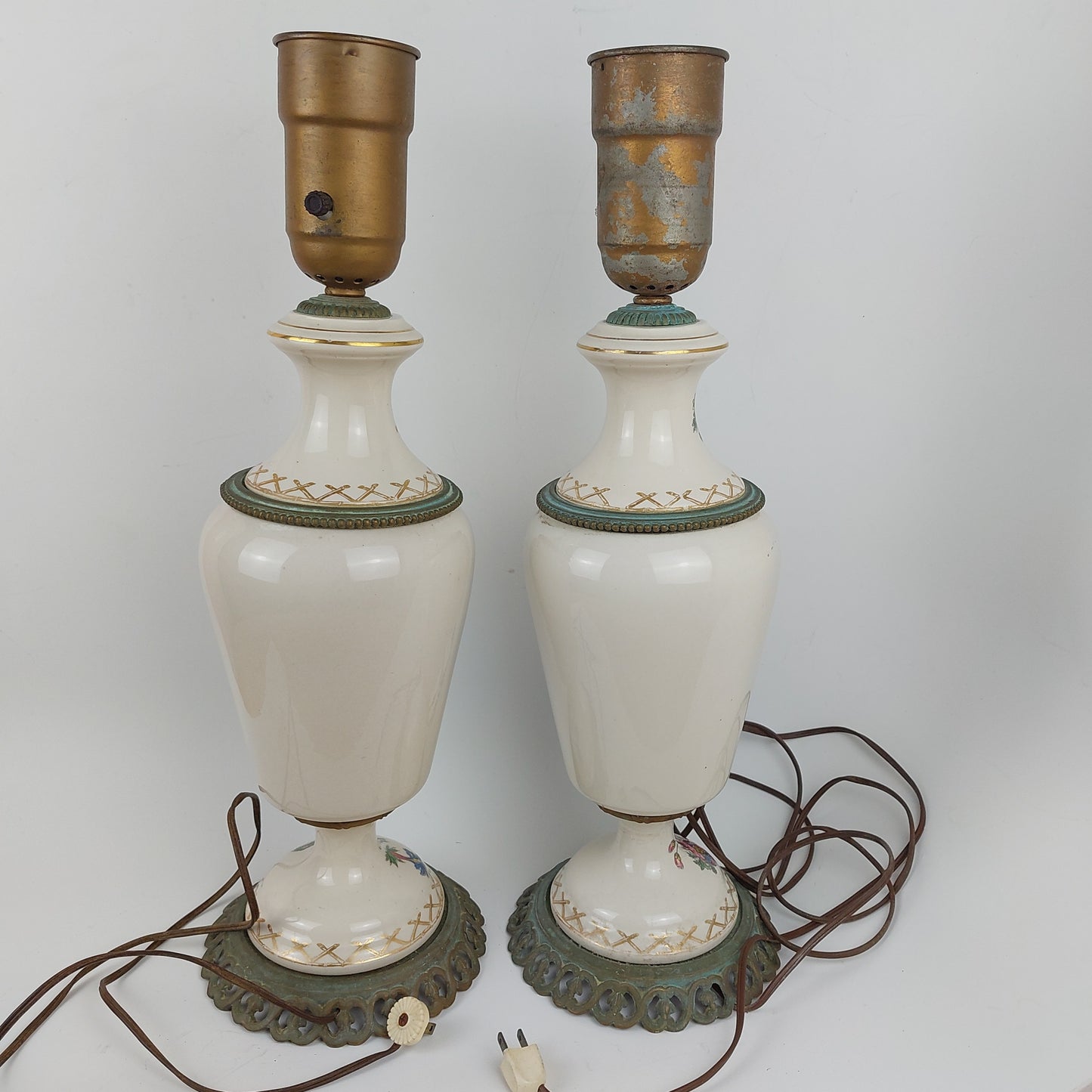 Vintage Pair of Paul Hanson Brass and Porcelain Hand Painted Lamps 519-A
