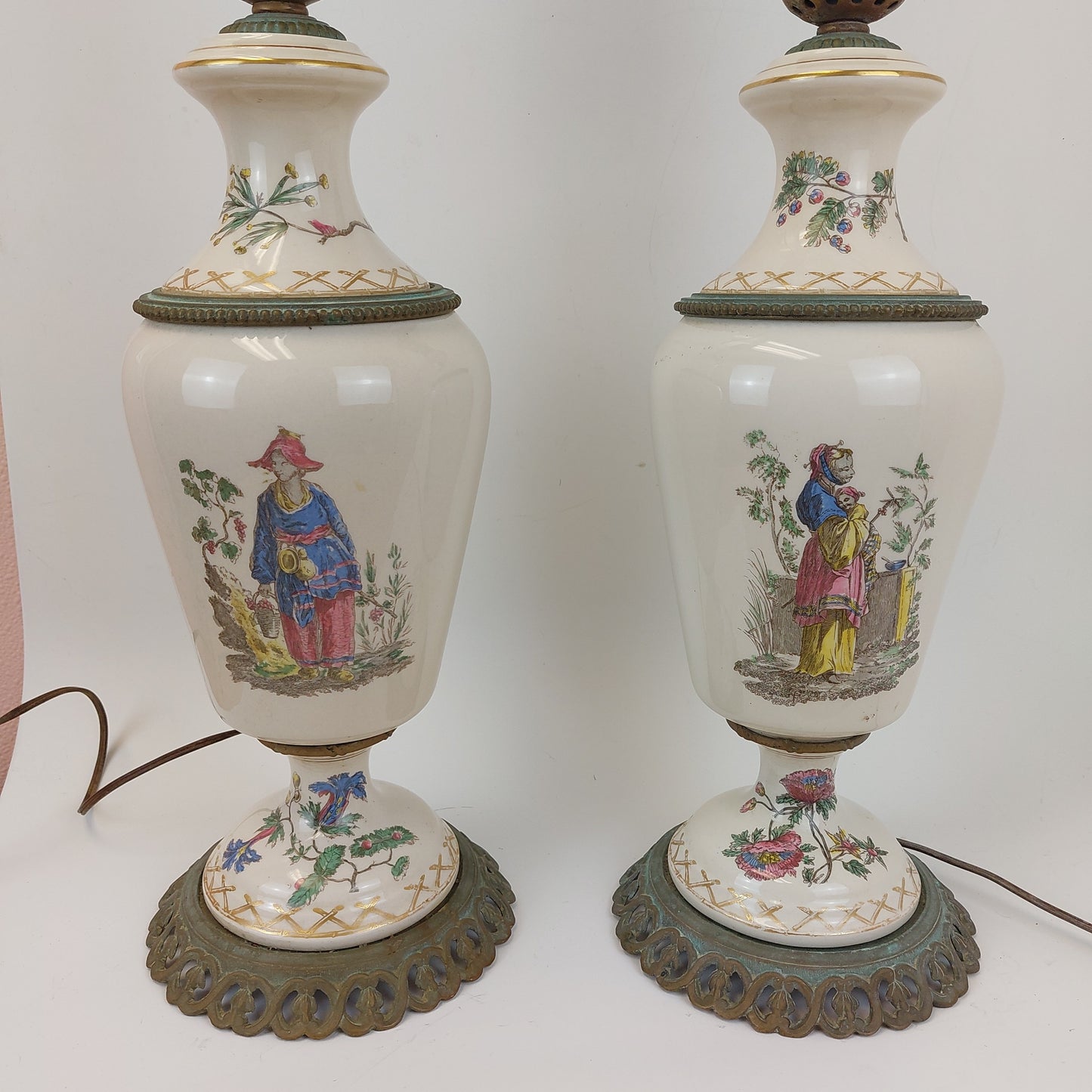 Vintage Pair of Paul Hanson Brass and Porcelain Hand Painted Lamps 519-A