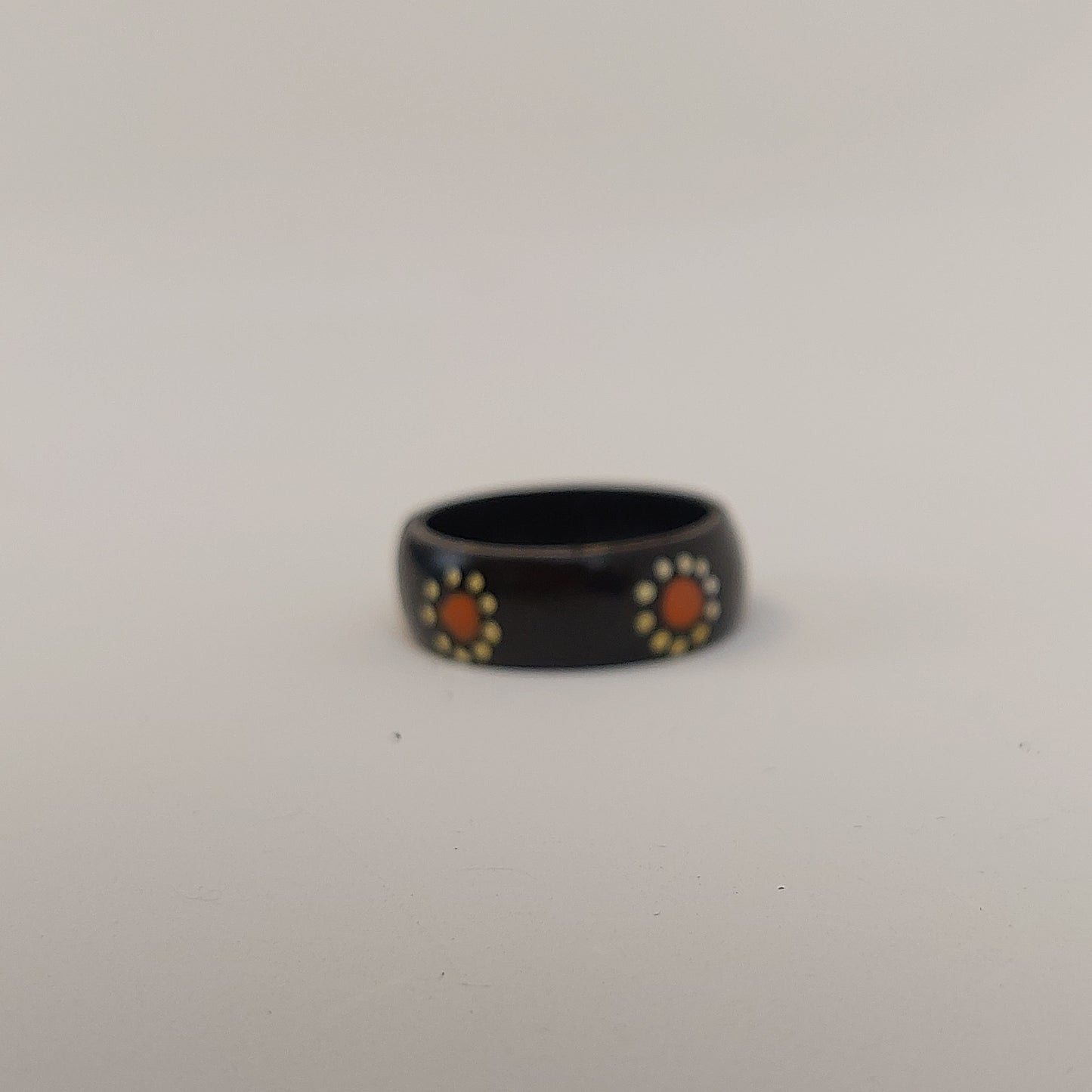 Vintage Hand Painted Lucite Plastic Black Red Yellow Ring, Size 8