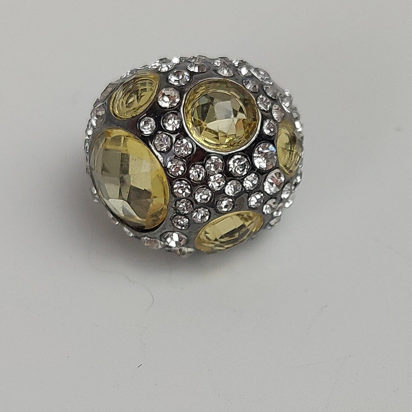 Pewter Tone Domed Jeweled Ring Yellow and Clear Stones Size 7 Statement Retro