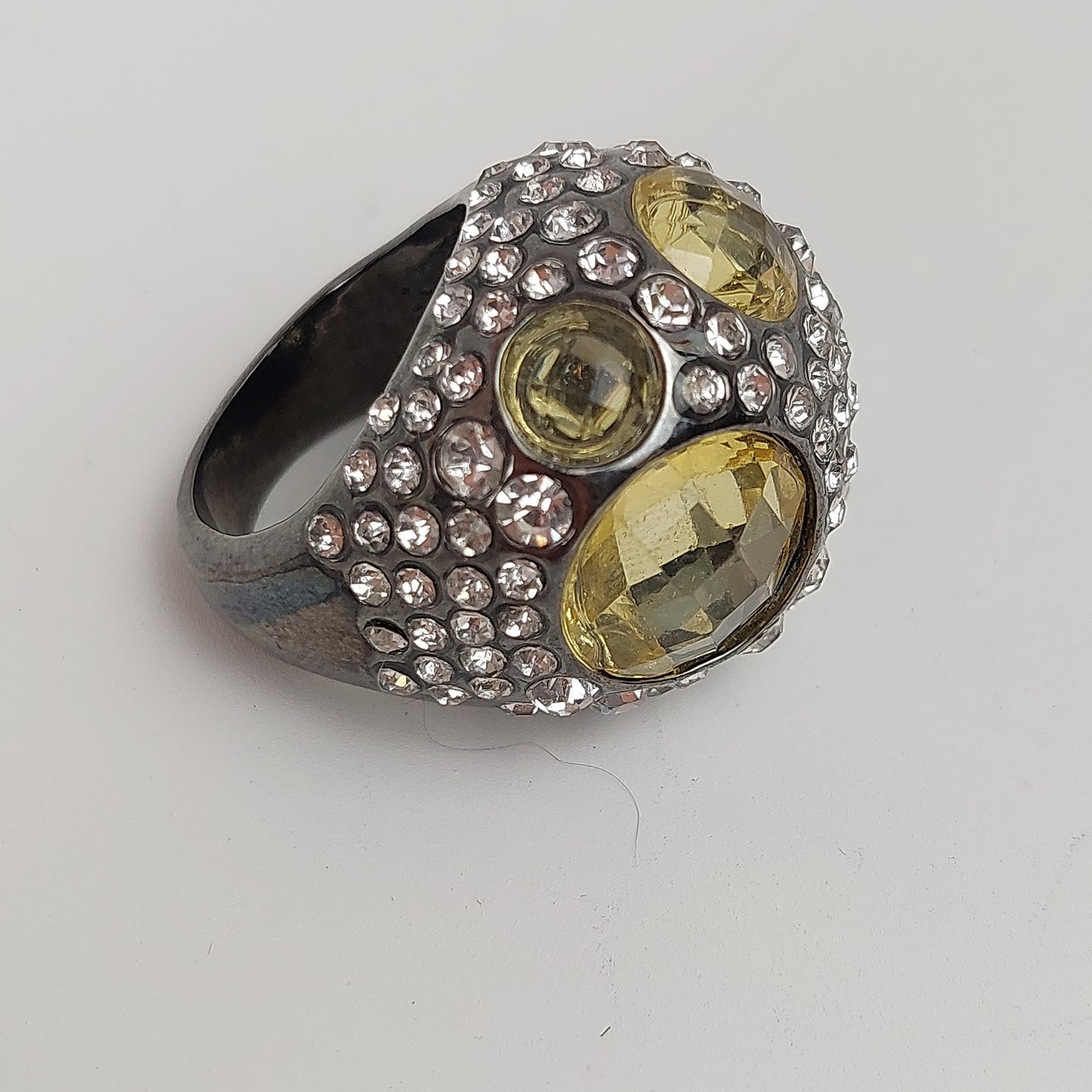 Pewter Tone Domed Jeweled Ring Yellow and Clear Stones Size 7 Statement Retro