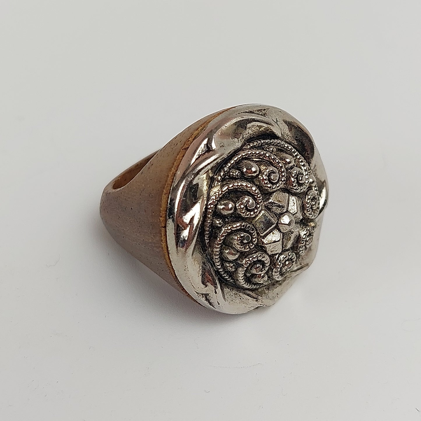 Vintage Silver and Carved Wood Ring, Size 6 Boho Statement