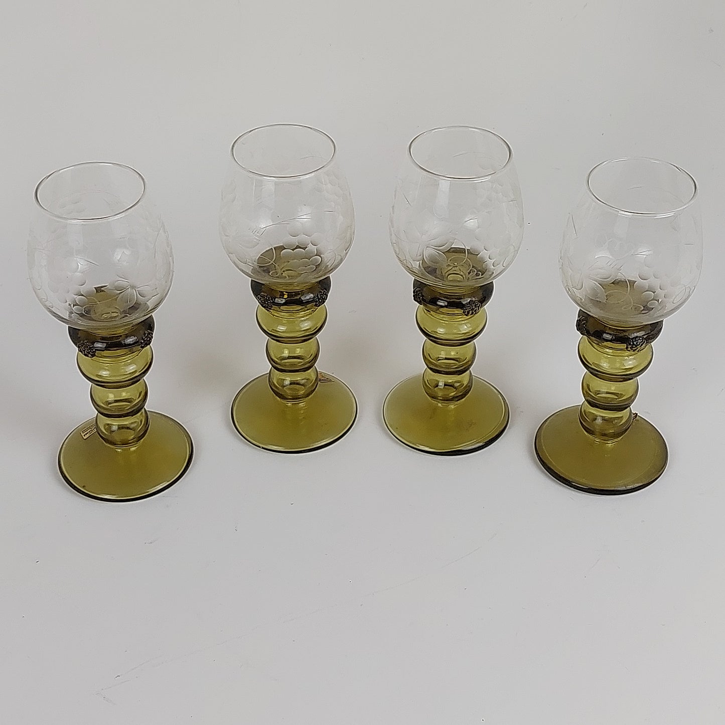 4 Vintage German Echt Kristall Green Roemer Rhine Wine Glasses 7in Tall