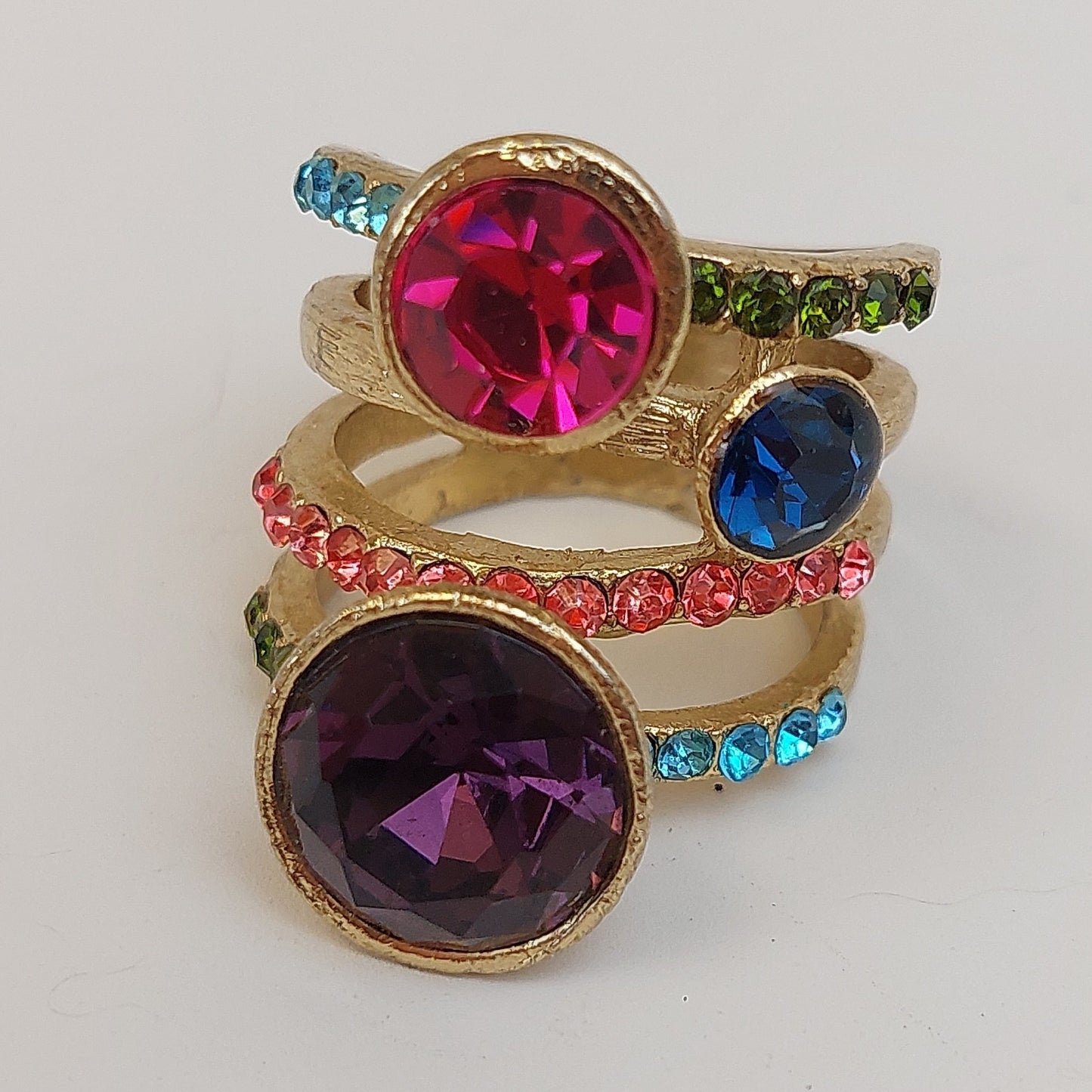 Multi Jeweled Gold Tone Ring with Purple Pink Blue Stones  Size 9