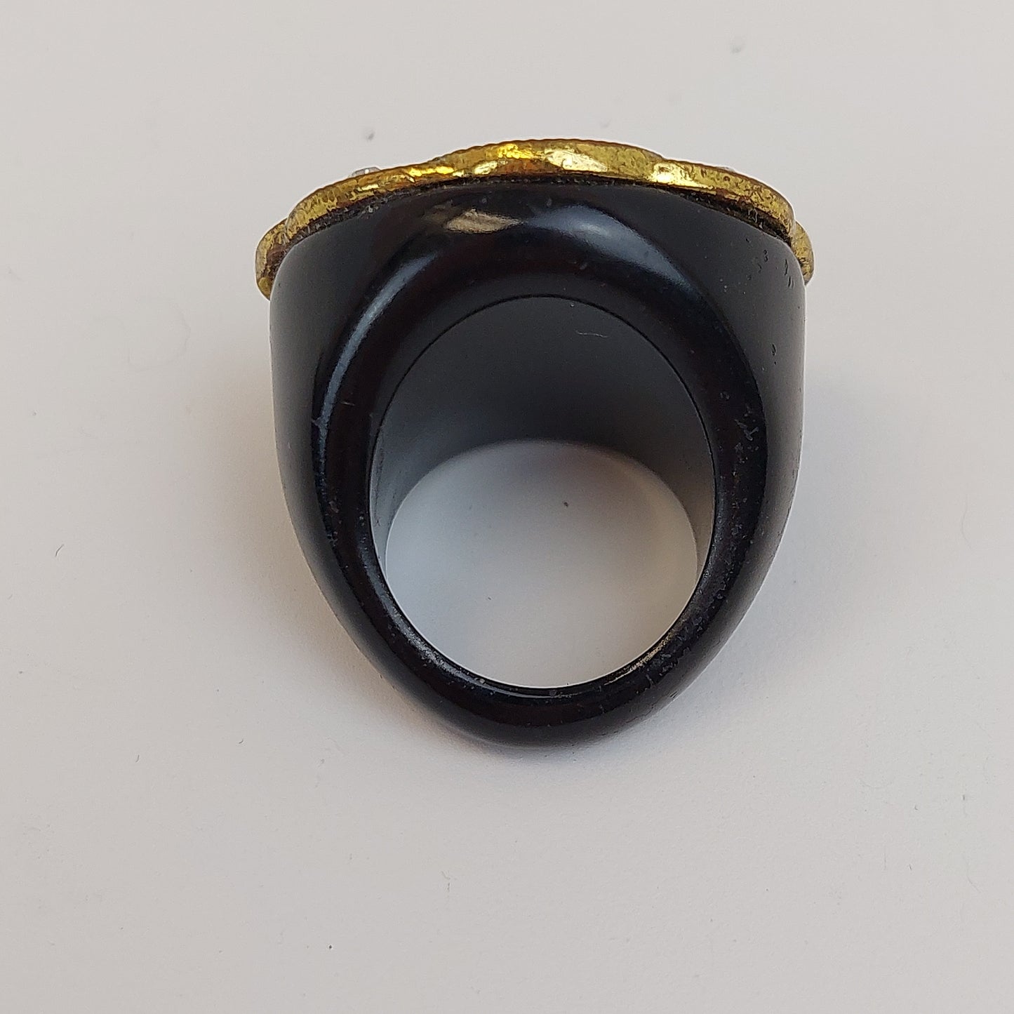 Black Lucite Resin Ring with Gold Design and Rhinestones Size 7