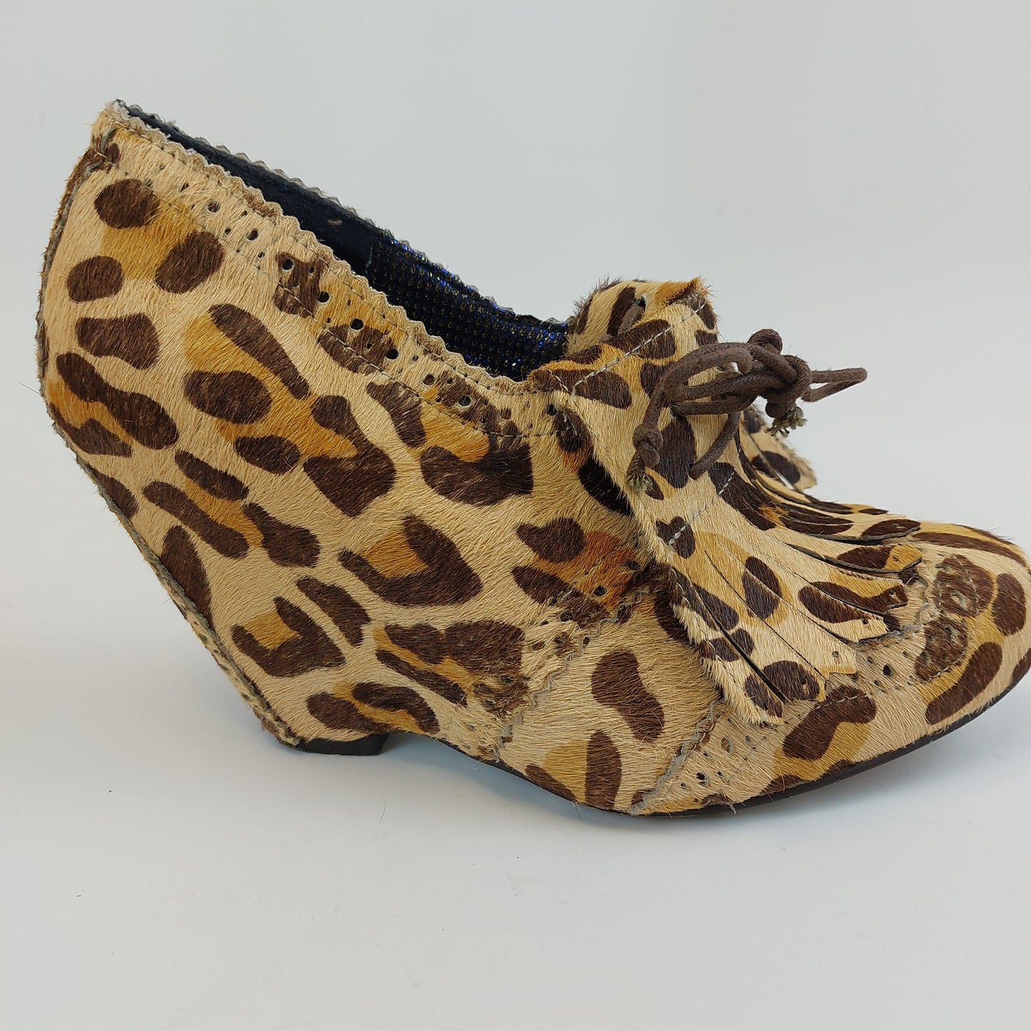 Irregular Choice Cheetah Print Leather Wedge Pumps Tassel Flap Sz 10 Tan Brown Heels