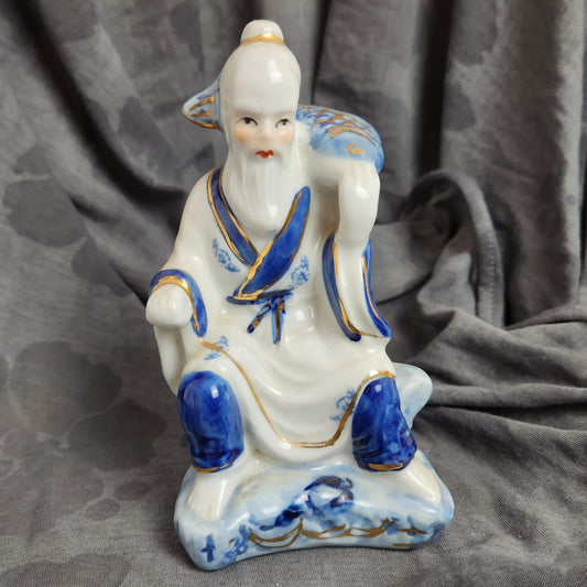 Pair of Figurines Chinese Porcelain Art, An Old Fisherman - Vintage
