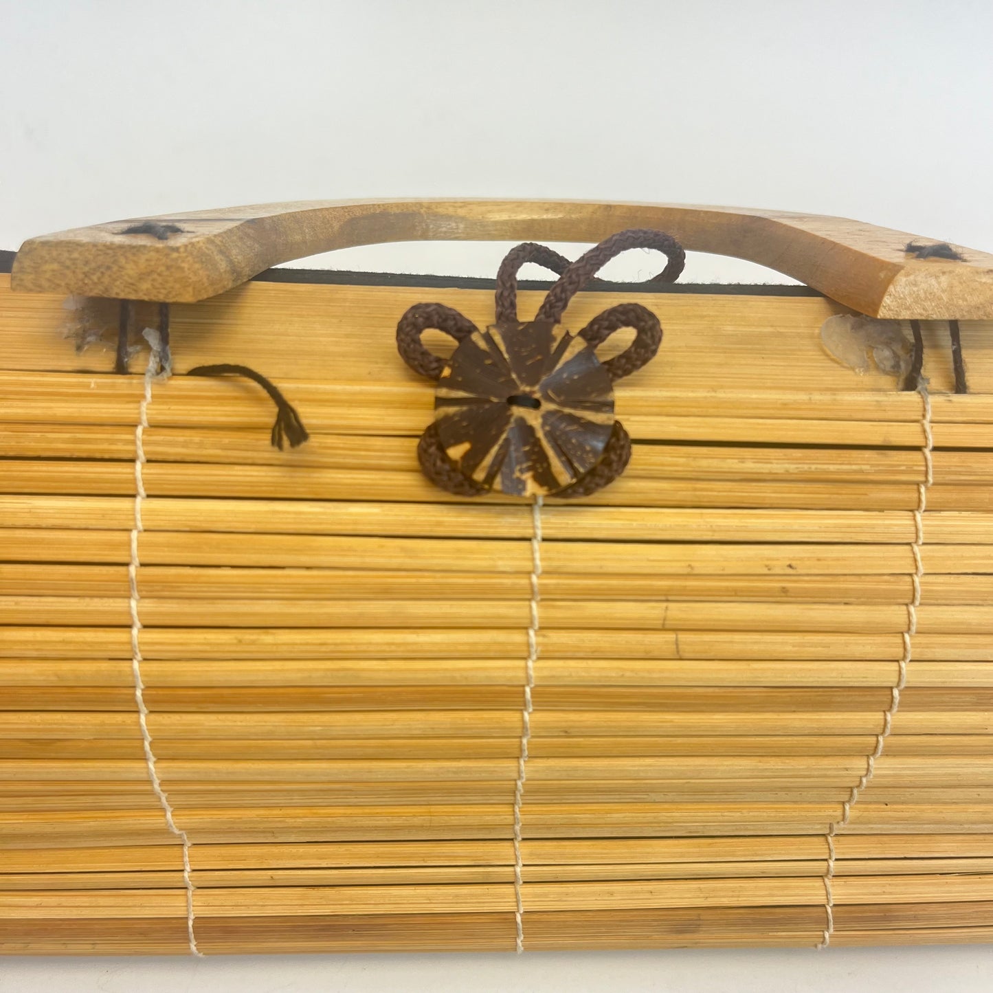 Wooden Slat Handbag Purse Tropical Boho 70s Bamboo Hawaiian Lined Brown