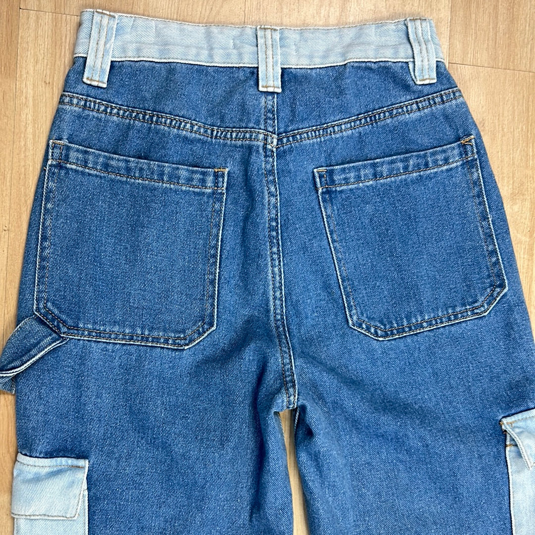 Pacsun Cargo Jeans Women Size 26 Blue Colorblock High Rise 90s BF Carpenter Pants