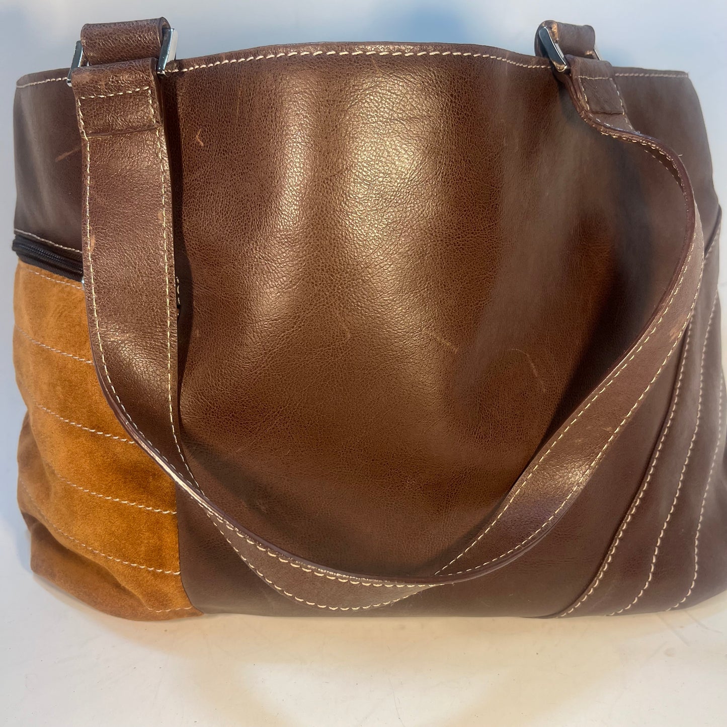 AQUA Bloomingdales Two Tone Brown Leather / Suede Purse Handbag EUC