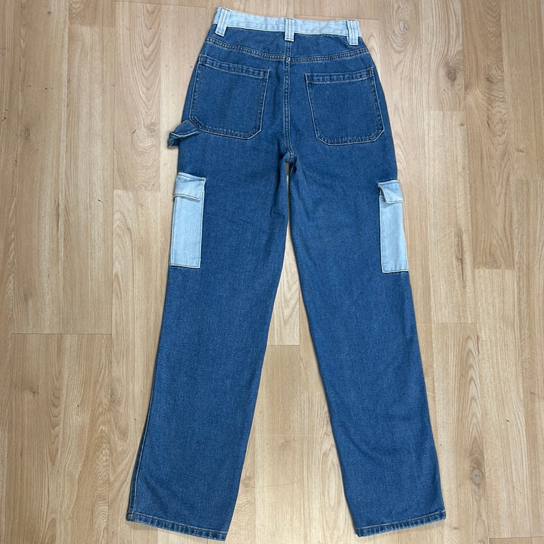 Pacsun Cargo Jeans Women Size 26 Blue Colorblock High Rise 90s BF Carpenter Pants
