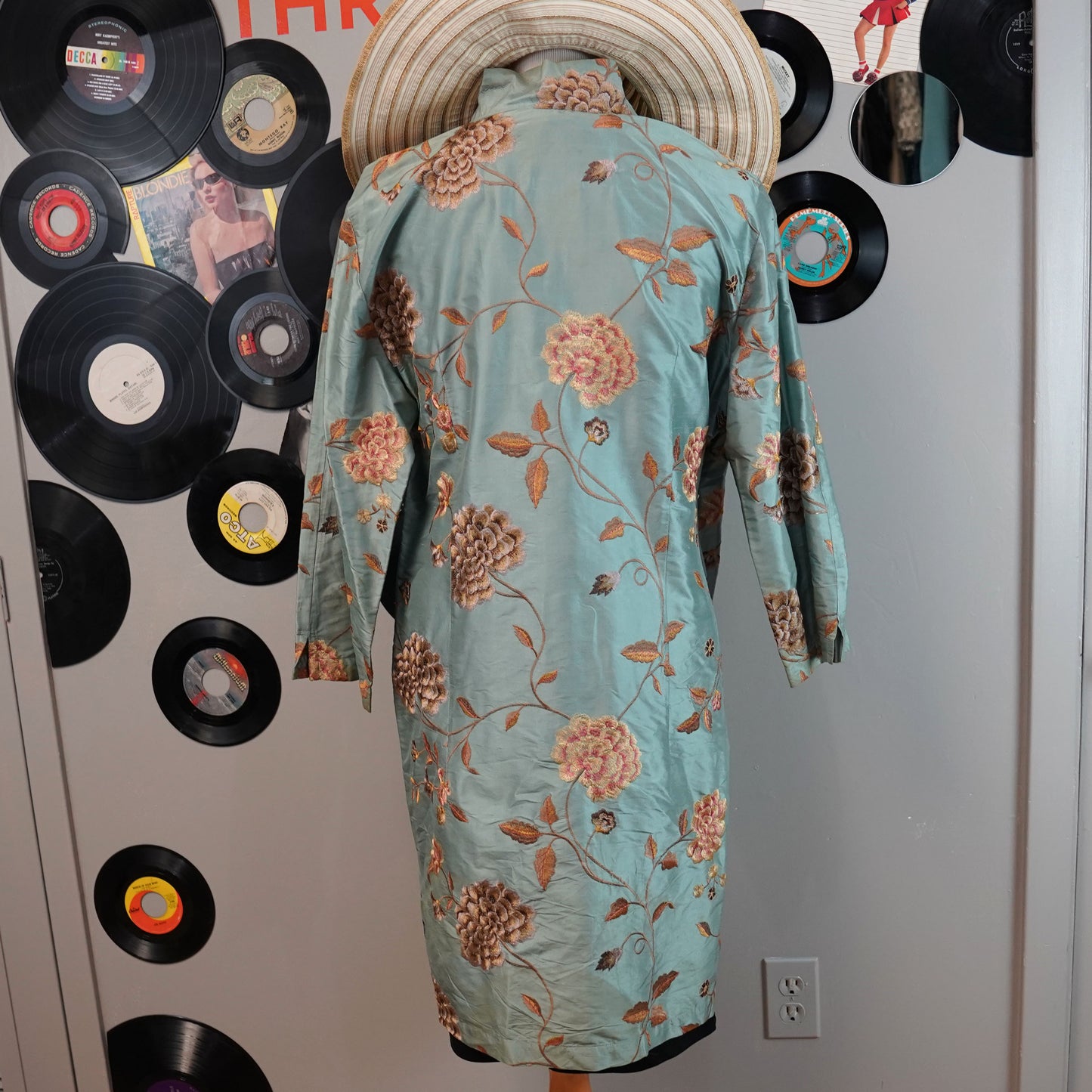 Connie Roberson Turquoise 100% Silk Rita Floral Jacket Top size Large Made in USA