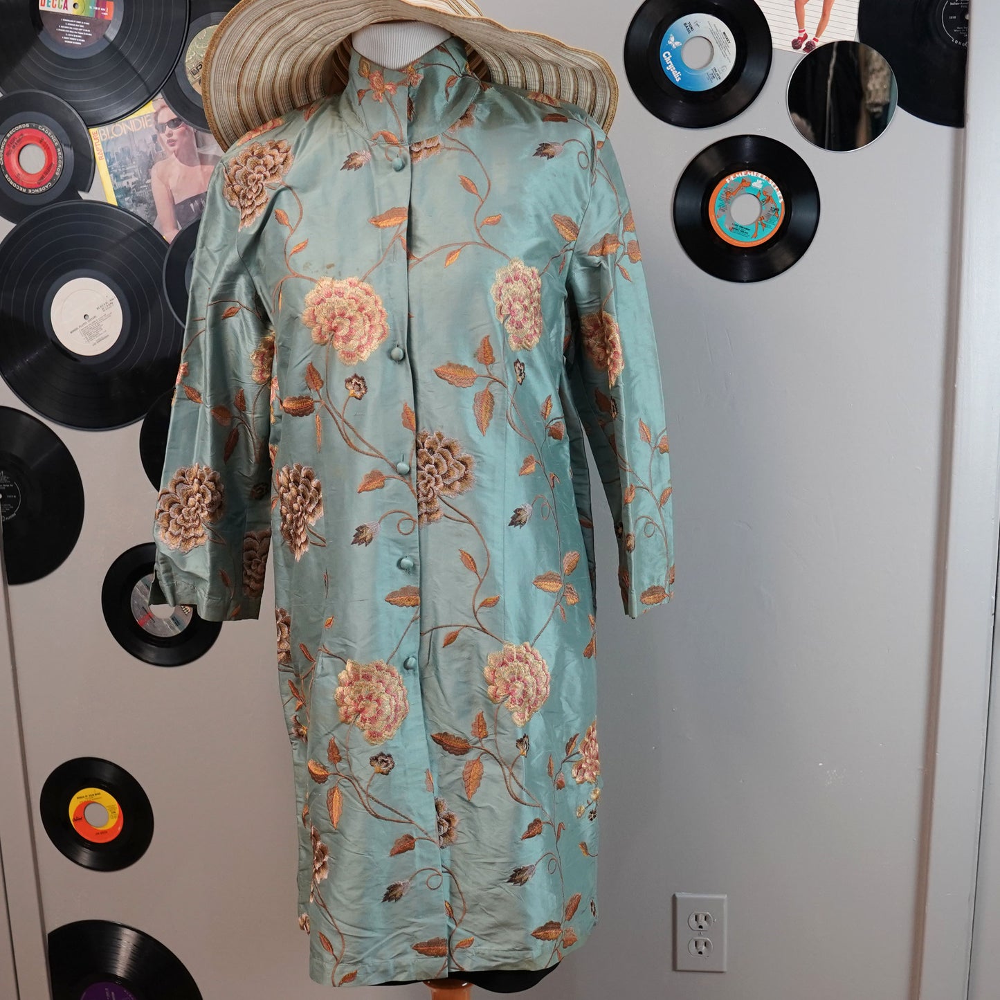 Connie Roberson Turquoise 100% Silk Rita Floral Jacket Top size Large Made in USA