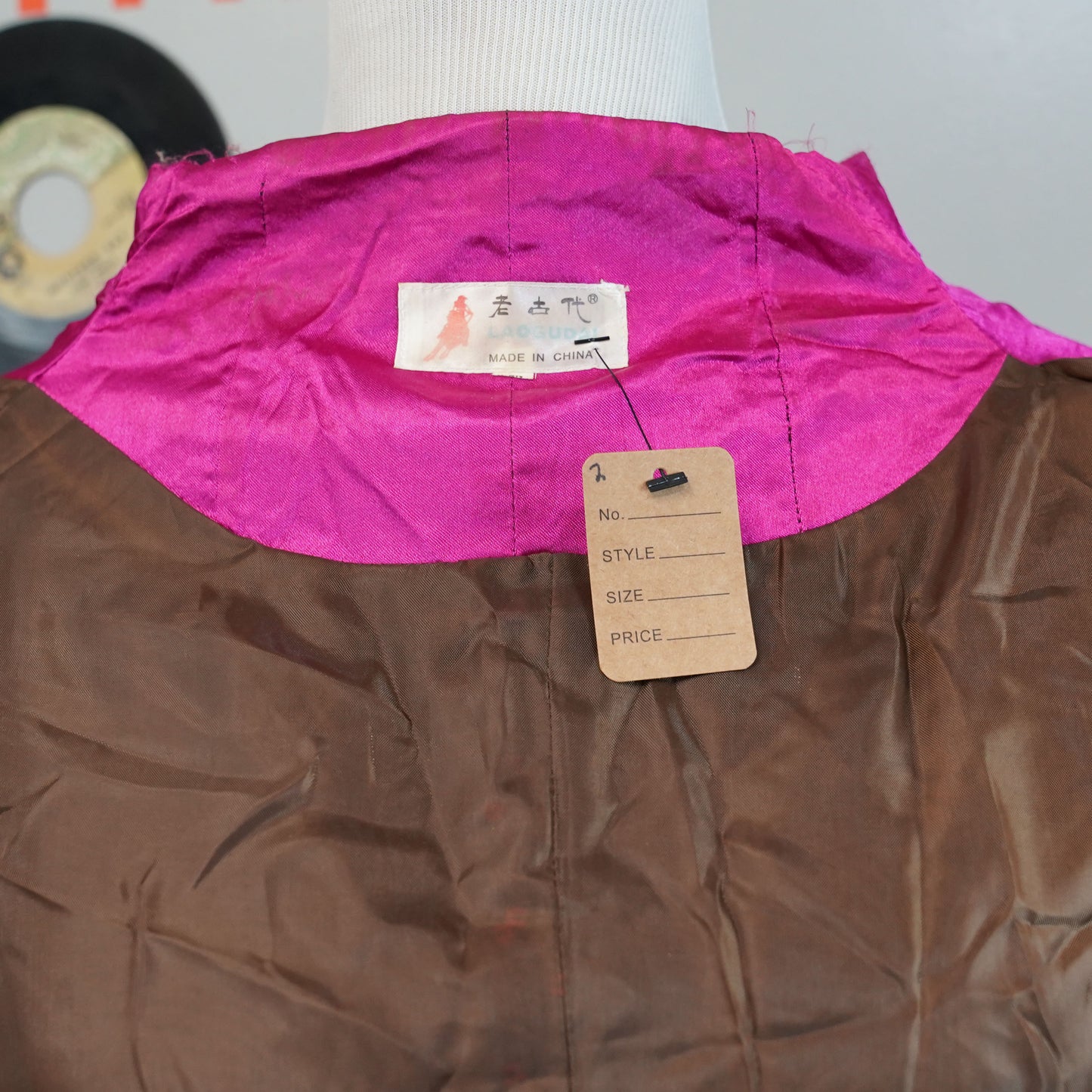 Laogudai Chinese Long Brown Jacket w/ Pink High Collar Lined Double Front XL