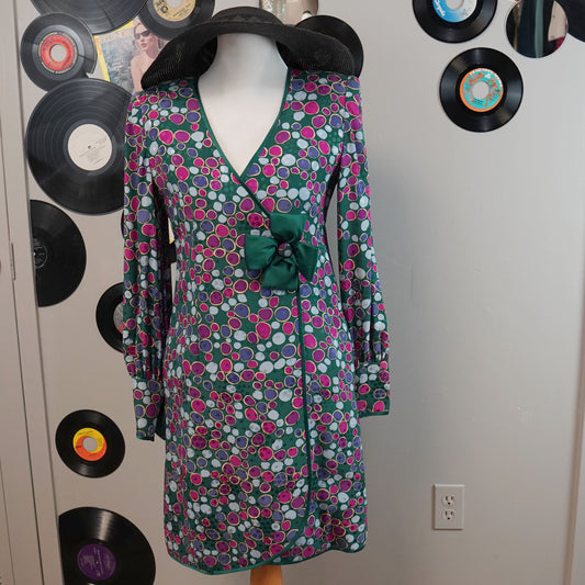 Vintage Stanley Platos Martin Ross 100% Silk Long Sleeve Polka Dot Bow Dress Sz 6