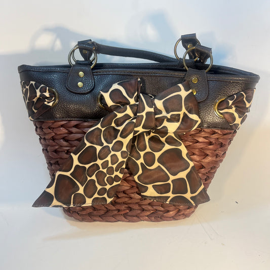 Aphorism Basket Weave Hand Bag Leather Handles Animal Print Bow EUC