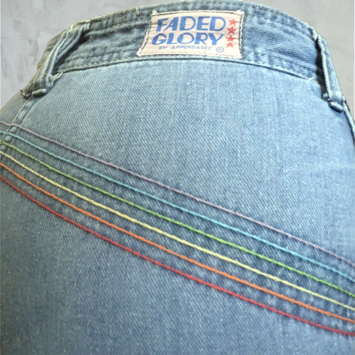 Vintage Faded Glory Bell Bottom Rainbow Embroidered Flare Jeans 1970's