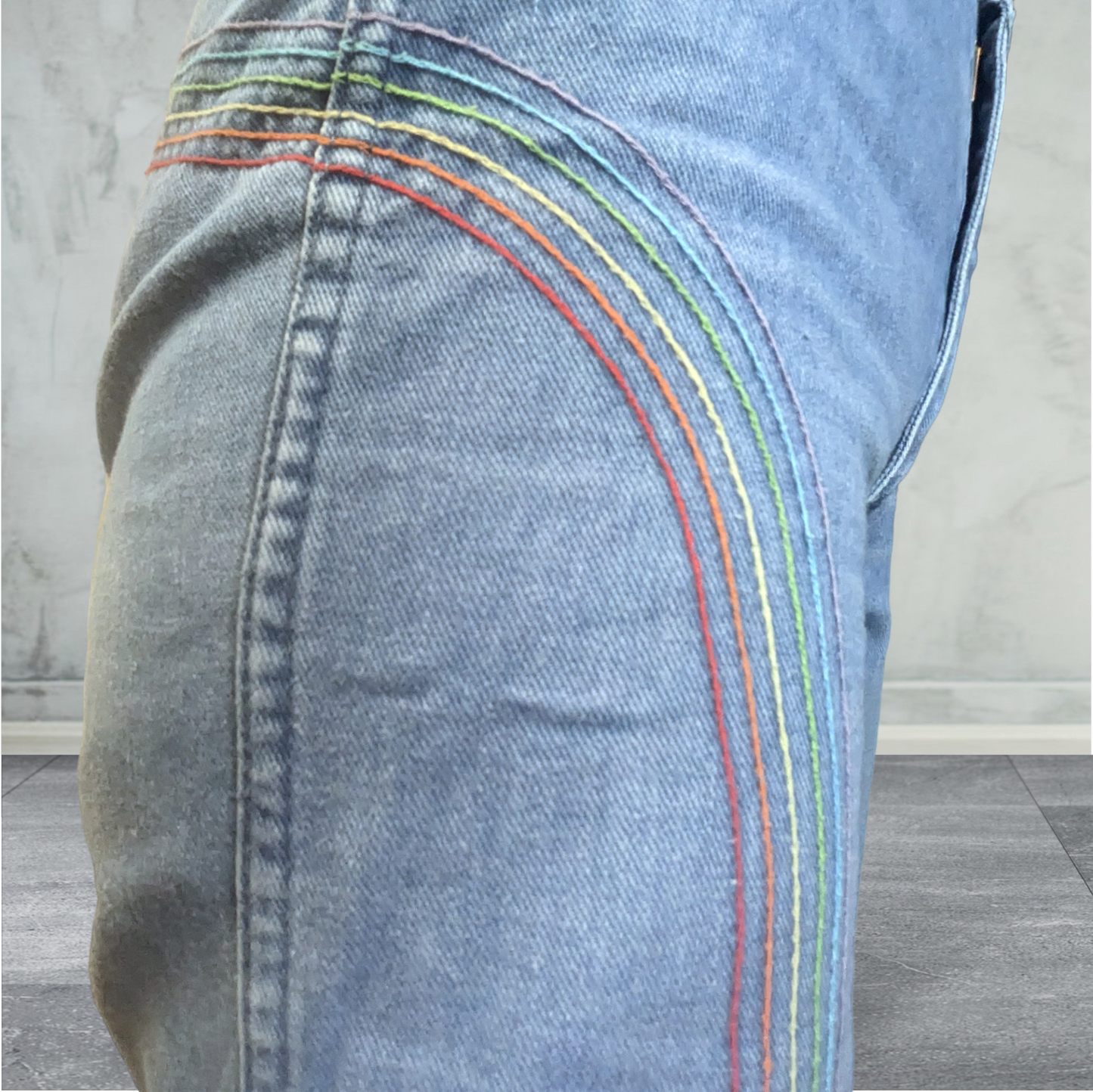 Vintage Faded Glory Bell Bottom Rainbow Embroidered Flare Jeans 1970's