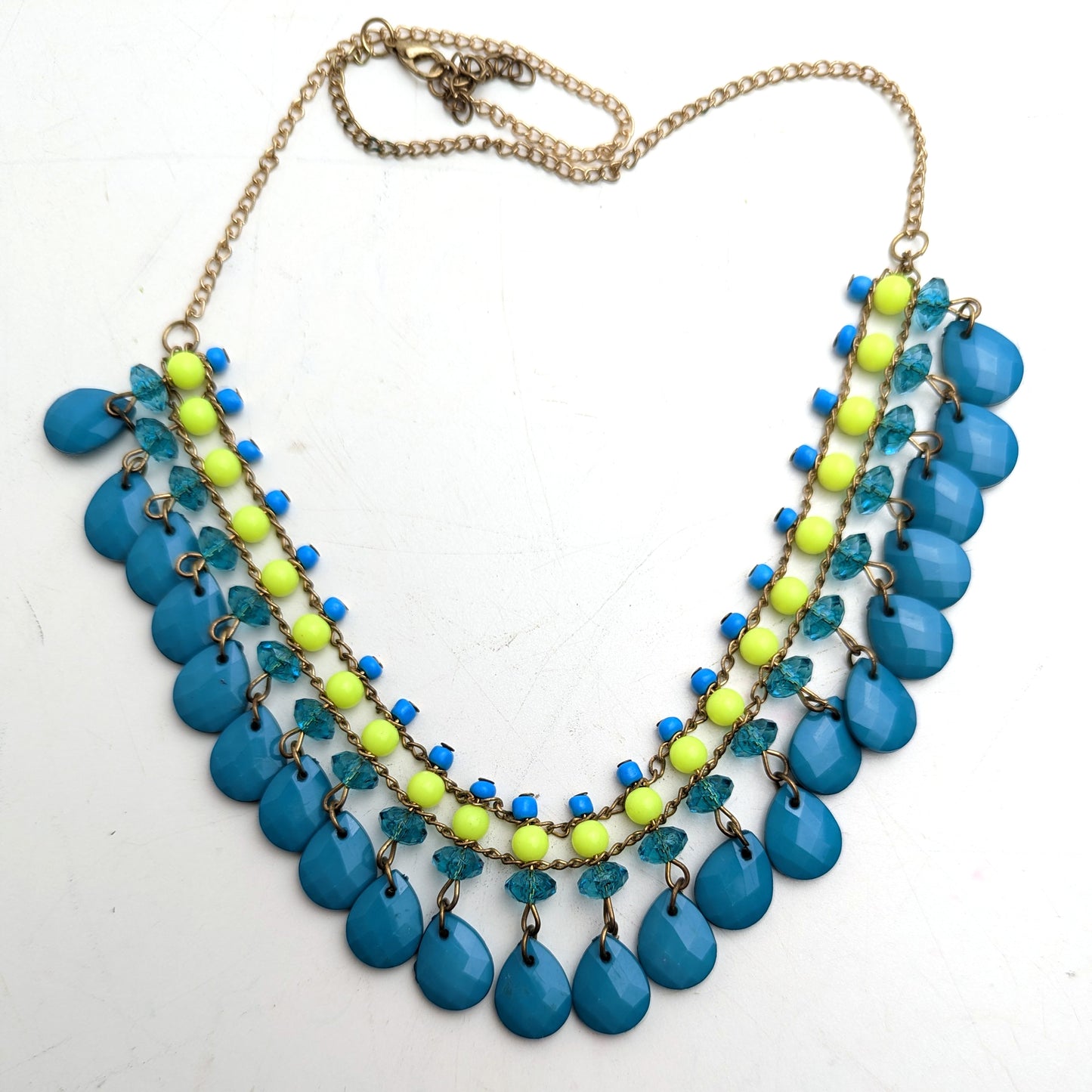 Vintage Blue and Green Beaded Teardrop Necklace Gold Color Chain