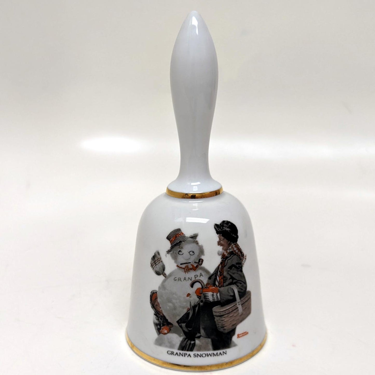 Vintage Norman Rockwell Grandpa Snowman Porcelain Bell 1975 Danbury Mint