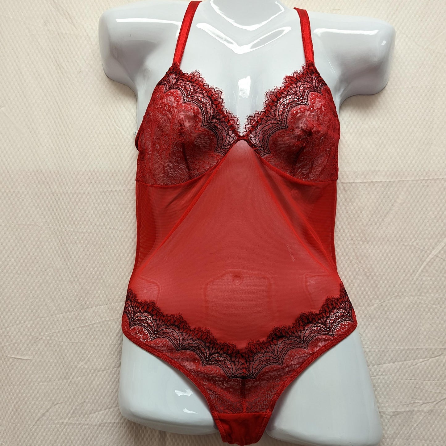 B Tempt'd S Bodysuit Wink Worthy Mesh Lace-Trim Eyelash Lace Thong size S Red