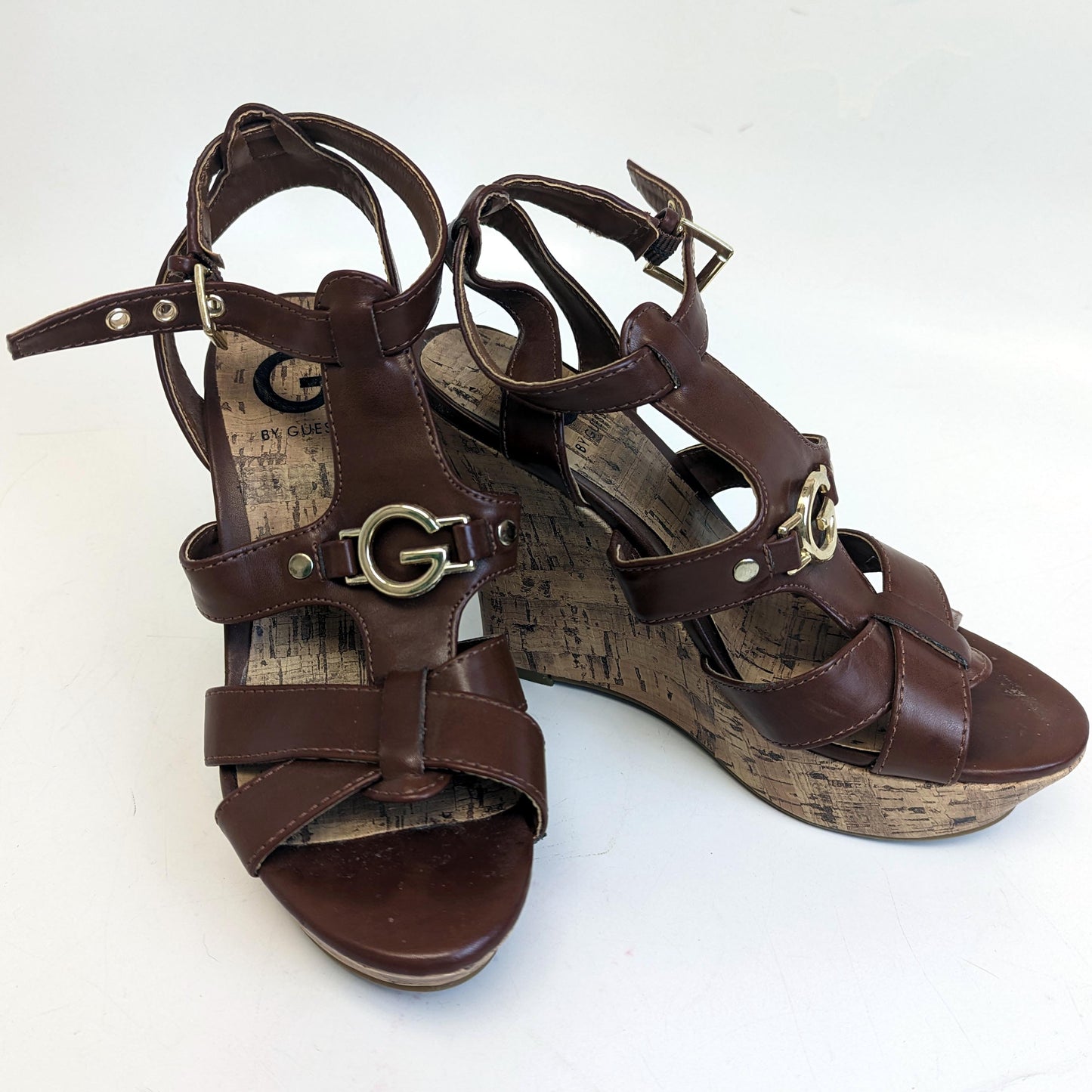 G by Guess Cork Platform Wedges Brown with Gold Logo Size 6