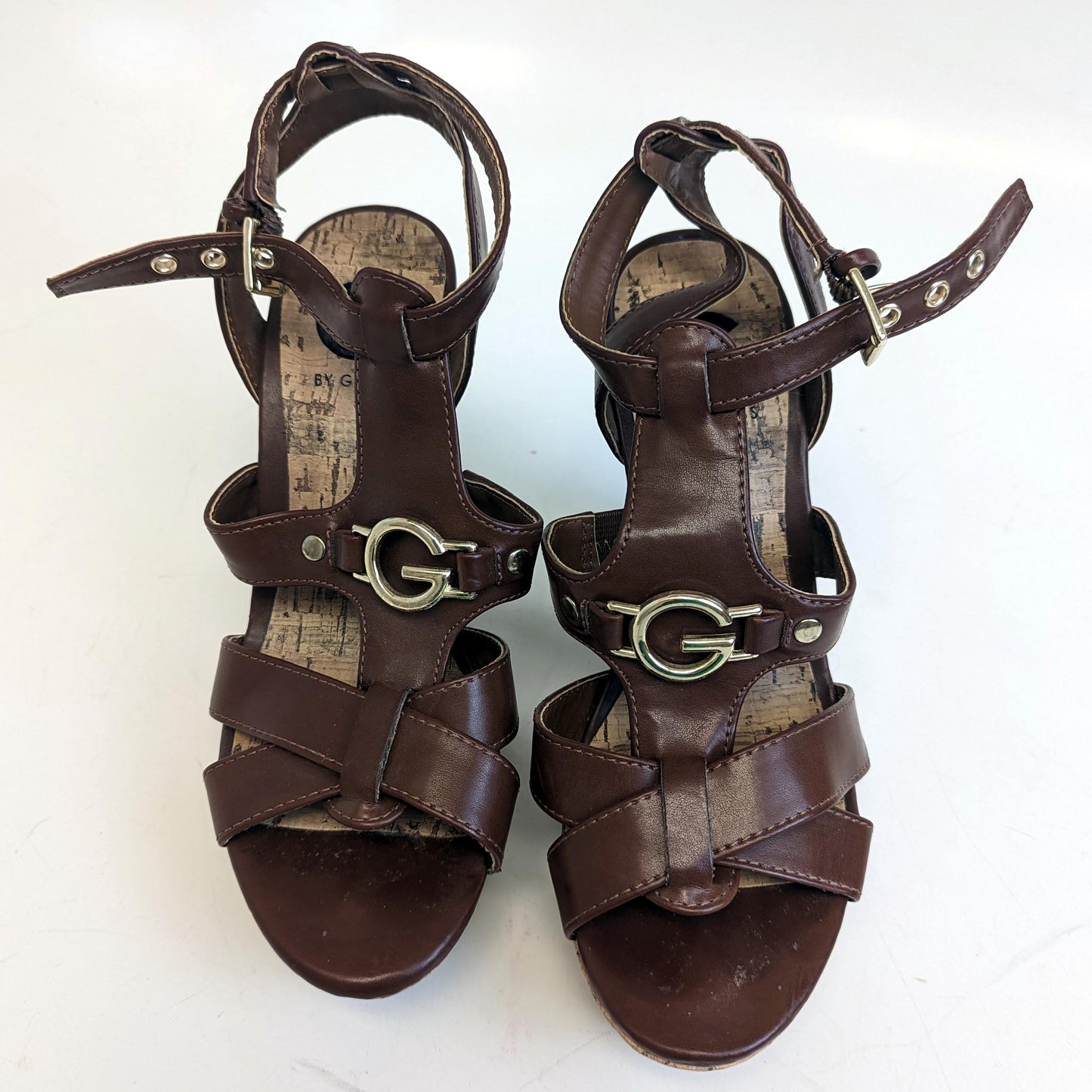 G by Guess Cork Platform Wedges Brown with Gold Logo Size 6