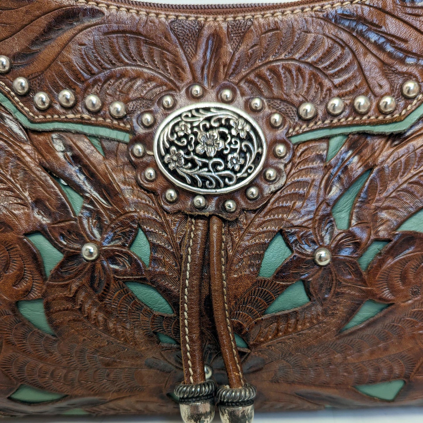 American West Lady Lace Shoulder Bag Antique Brown / Turquoise Leather LCBT285